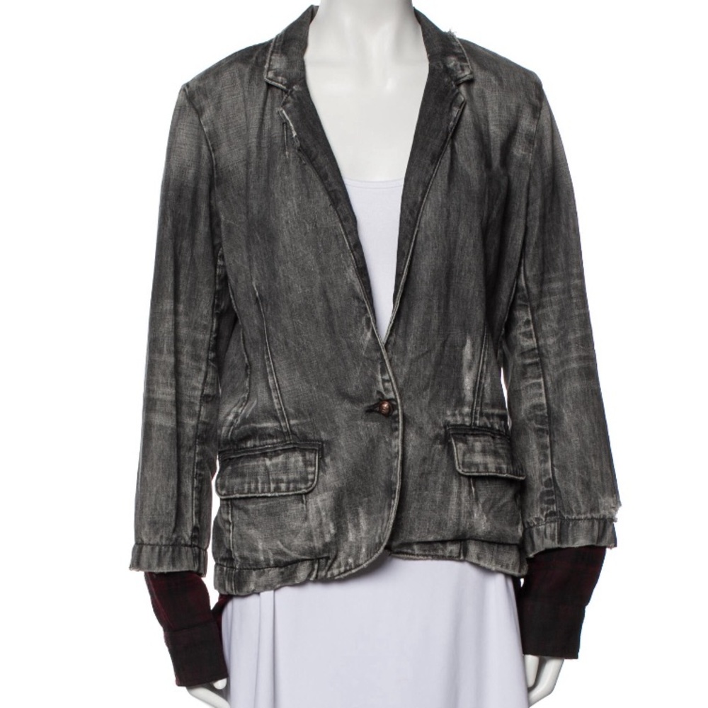 Black Distressed Denim Blazer with Ribbed Knit Cuffs